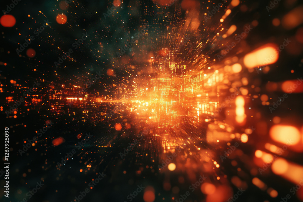 Abstract digital tunnel with glowing particles and streaks of light, conveying futuristic technology and data flow. Abstract digital tunnel with glowing particles and streaks of light, conveying futuristic technology and data flow.