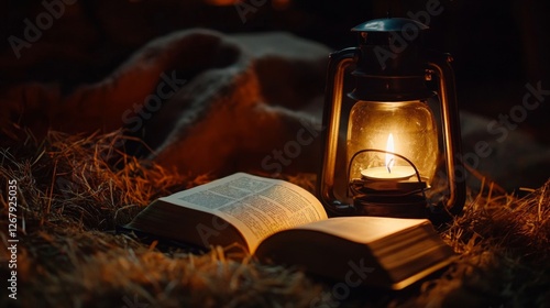 Open bible and lantern in rustic hay-strewn setting photo