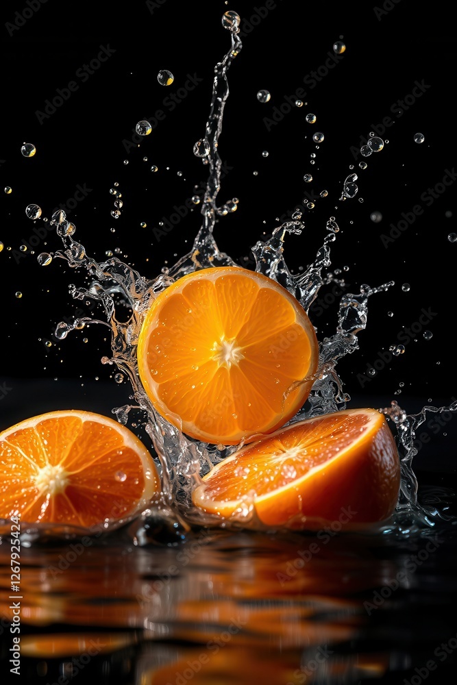 Fresh orange slices splashing in water against a dark background offer a vibrant burst of citrus delight. Fresh orange slices splashing in water against a dark background offer a vibrant burst of citrus delight.