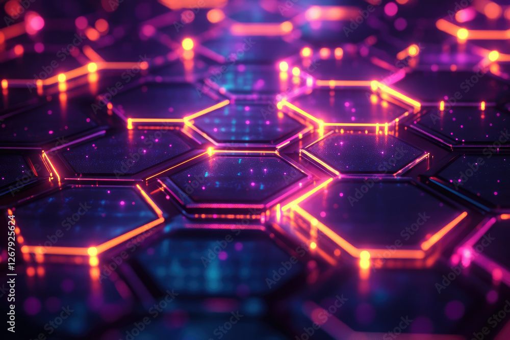 Abstract hexagonal grid glowing with vibrant neon orange and purple lights, futuristic digital concept. Abstract hexagonal grid glowing with vibrant neon orange and purple lights, futuristic digital concept.