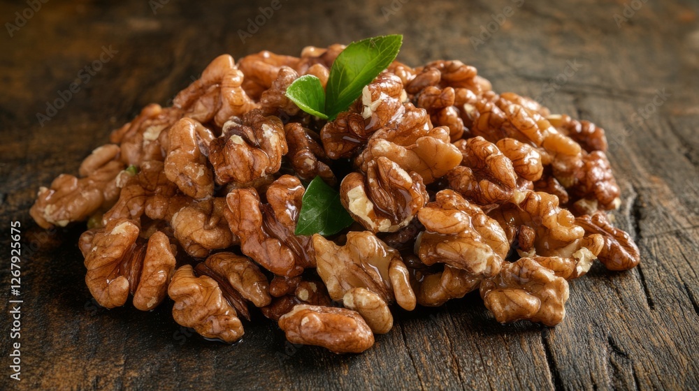 Close-up of fresh walnuts on rustic wood surface with green leaves Close-up of fresh walnuts on rustic wood surface with green leaves