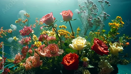 Colorful flower bouquet submerged in turquoise water with smoke