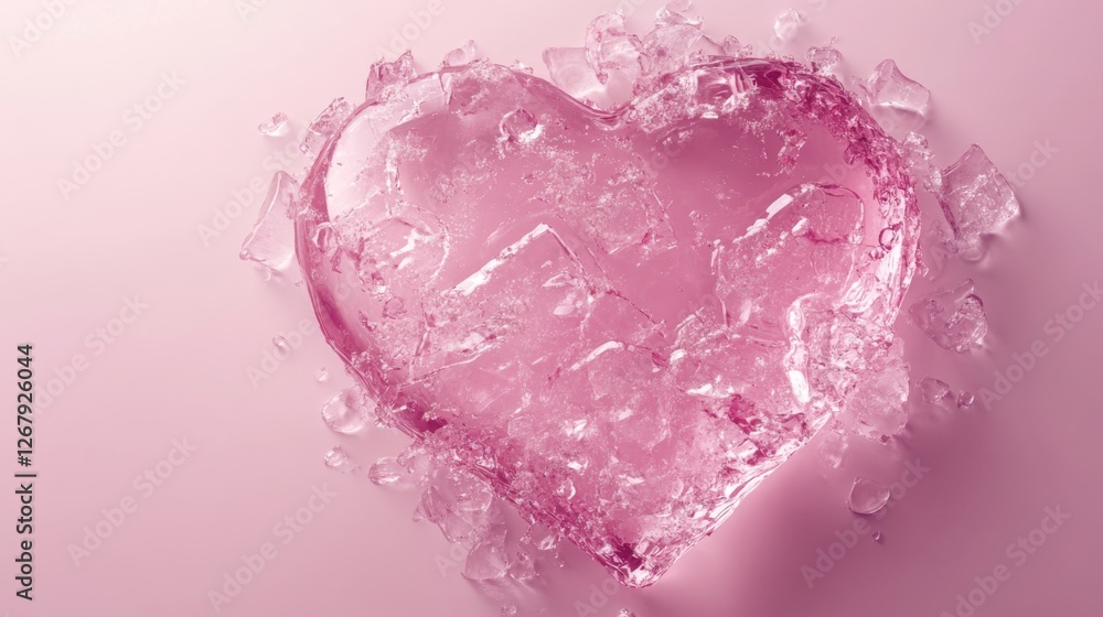 Pink ice heart with frozen crystals on soft pink background Pink ice heart with frozen crystals on soft pink background