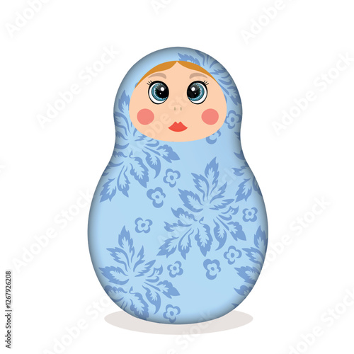 Russian Matryoshka. Traditional Russian folklore dolls with big eyes and lips. Babushka doll with hohloma, traditional painted floral pattern. Hand drawn vector illustration.