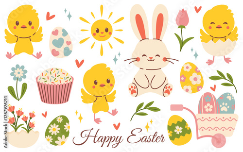 Cute Easter set. Smiling bunny chicks, Easter eggs, Flowers, Sun, festive Cupcake, decorative Wheelbarrow. Happy Easter inscription. Bright composition for spring design, greeting cards, decorations.