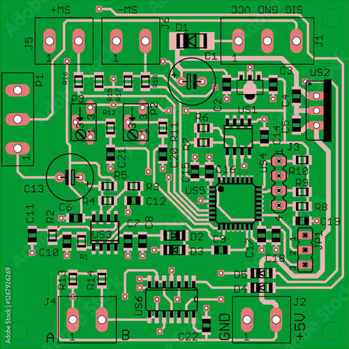 Vector printed circuit board of electronic device with components of radio elements, conductors and contact pads placed on pcb. Engineering technical educational drawing. Computer technic cad design.