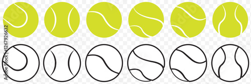 Set with tennis balls vector icons. Tennis balls black and yellow collection. Sport game. Tennis ball icon isolated on white background. Sport symbol. Fitness, competition, for UI design. EPS 10.