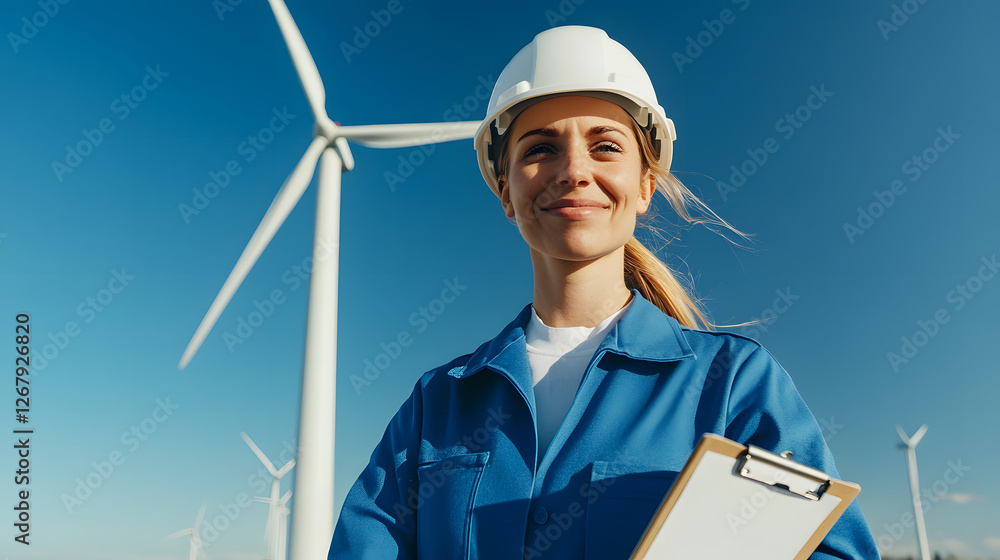 Wind farm engineer, smiling under clear blue sky. Sustainable energy leader, hard at work. She holds a clipboard, turbines in background. Wind farm engineer, smiling under clear blue sky. Sustainable energy leader, hard at work. She holds a clipboard, turbines in background.