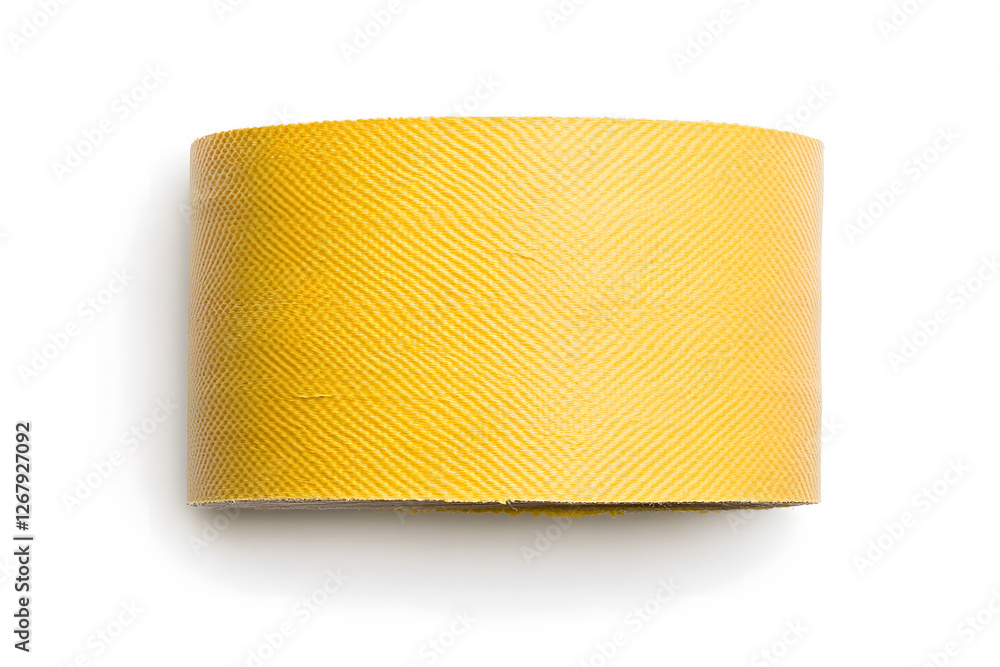 Fototapeta premium Roll of gold or yellow textured material isolated on white. Macro shot with a uniform diagonal pattern. Studio lighting, with visible shadow beneath.