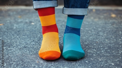 Colorful mismatched socks on pavement: vibrant fashion statement