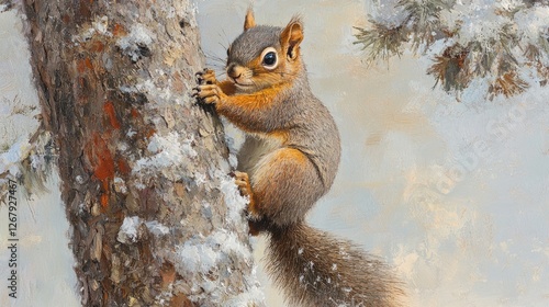 Red Squirrel Climbing Snowy Tree, Winter Forest Scene, Wildlife Photography photo