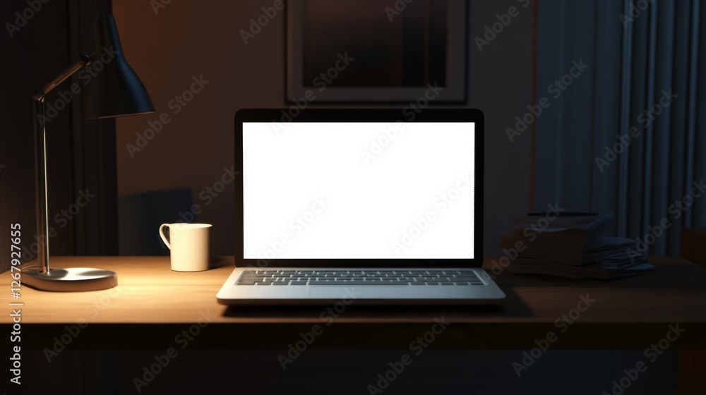 Fototapeta premium Dark room with glowing laptop screen and mug on wooden desk