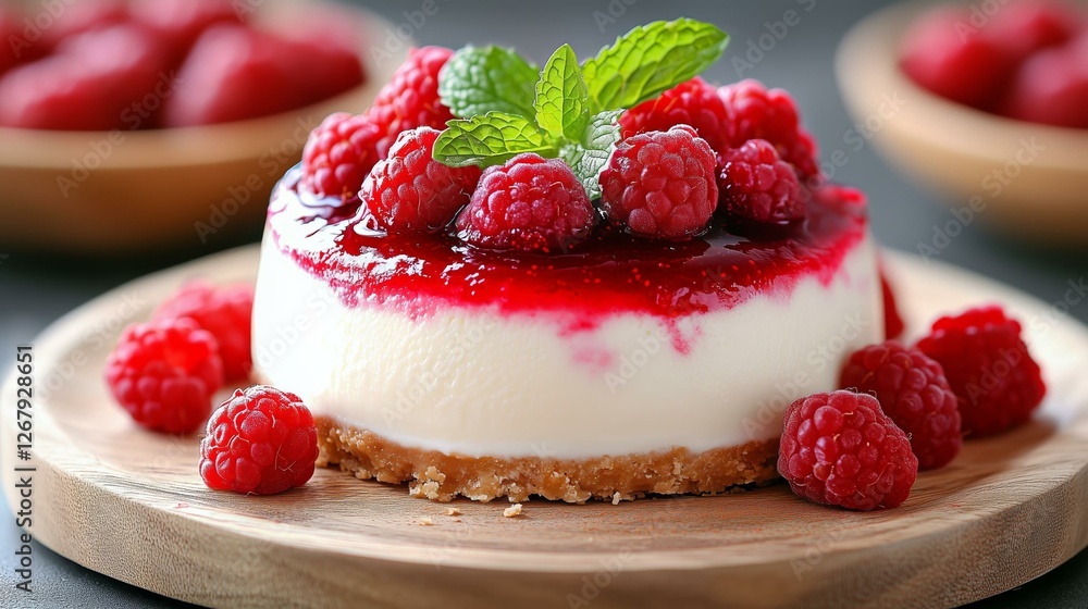 Delicious raspberry cheesecake with mint garnish on wooden plate Delicious raspberry cheesecake with mint garnish on wooden plate