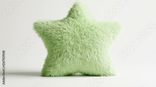Soft green star-shaped pillow with fuzzy texture on white background