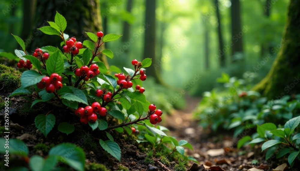 Naklejka premium Dense thorny shrub with red berries and green leaves, forest floor, woodland, thorny shrub