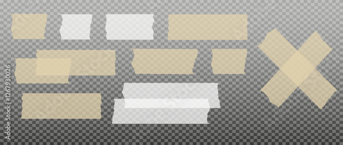 Scotch tape. Sticky paper tape. Adhesive Transparent sticky stripe. Sticker for collage, fixing photo notes. Vector