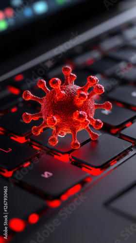 Cybersecurity concept with virus symbol on keyboard - malware threat in digital world photo