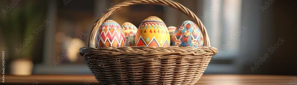 A beautifully arranged basket filled with colorful, intricately decorated Easter eggs, set against a softly lit background. A beautifully arranged basket filled with colorful, intricately decorated Easter eggs, set against a softly lit background.