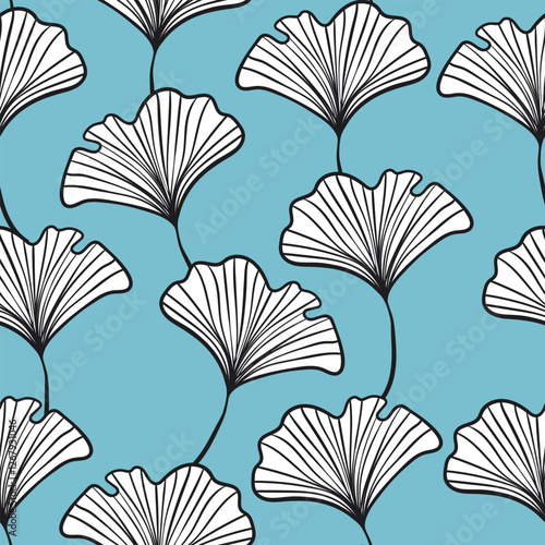 Seamless floral pattern with ginkgo biloba leaves. Art flowers on color background. Decorative sceleton leaf. Vector hand drawn illustration. Minimal linear style.