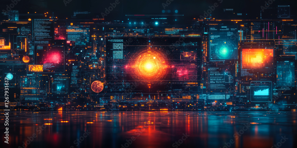Obraz premium Futuristic Digital Interface with Data Visualizations and Glowing Central Element in High-Tech Sci-Fi Environment
