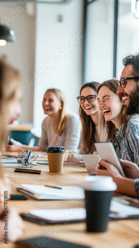 Joyful team collaboration with diverse group sharing laughter in office setting