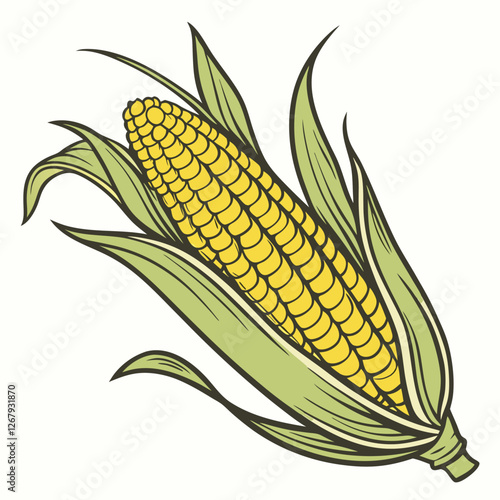 Fresh Golden Corn Cobs with Green Husks Organic Farm Produce Vector Illustration