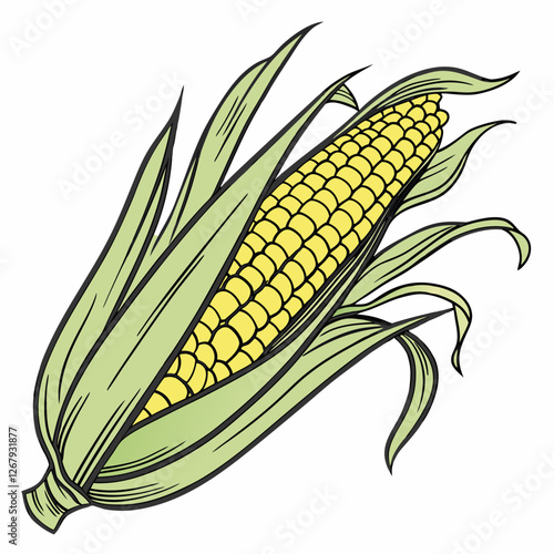 Fresh Golden Corn Cobs with Green Husks Organic Farm Produce Vector Illustration