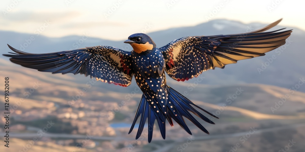 Obraz premium A swallow glides gracefully through a bright sky, showcasing its vibrant plumage against the backdrop of rolling hills and a distant settlement. Spring air celebrates its freedom