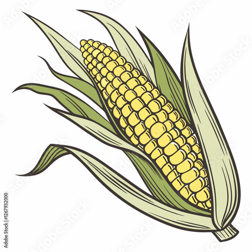 Fresh Golden Corn Cobs with Green Husks Organic Farm Produce Vector Illustration
