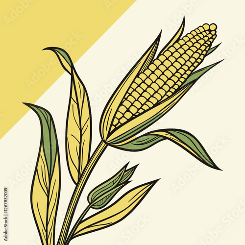 Fresh Golden Corn Cobs with Green Husks Organic Farm Produce Vector Illustration