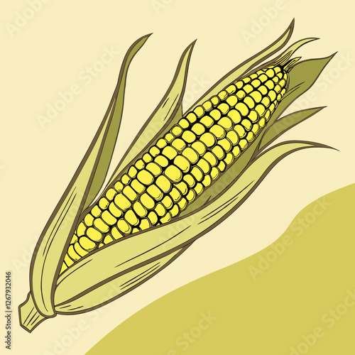 Fresh Golden Corn Cobs with Green Husks Organic Farm Produce Vector Illustration