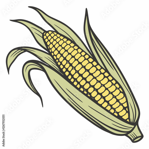 Fresh Golden Corn Cobs with Green Husks Organic Farm Produce Vector Illustration