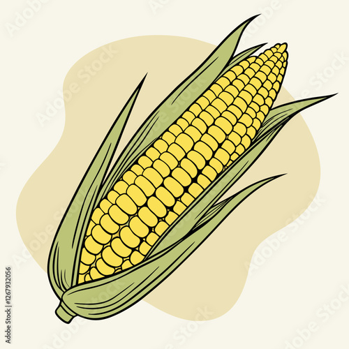 Fresh Golden Corn Cobs with Green Husks Organic Farm Produce Vector Illustration