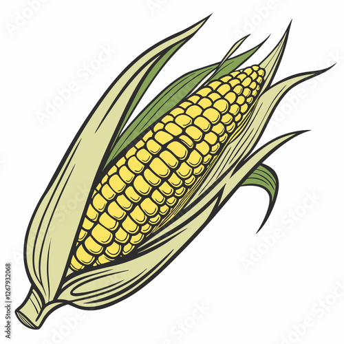 Fresh Golden Corn Cobs with Green Husks Organic Farm Produce Vector Illustration