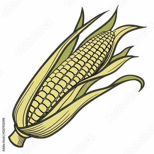 Fresh Golden Corn Cobs with Green Husks Organic Farm Produce Vector Illustration