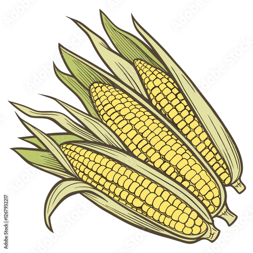 Fresh Golden Corn Cobs with Green Husks Organic Farm Produce Vector Illustration