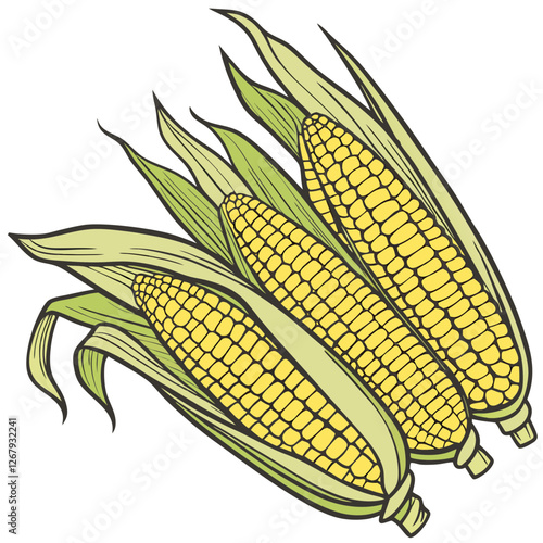 Fresh Golden Corn Cobs with Green Husks Organic Farm Produce Vector Illustration