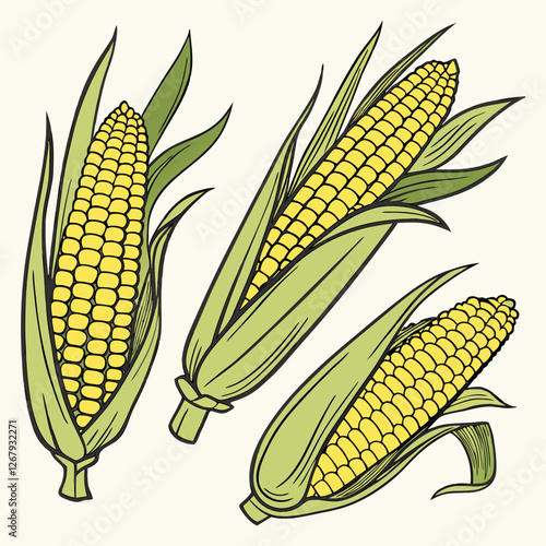 Fresh Golden Corn Cobs with Green Husks Organic Farm Produce Vector Illustration