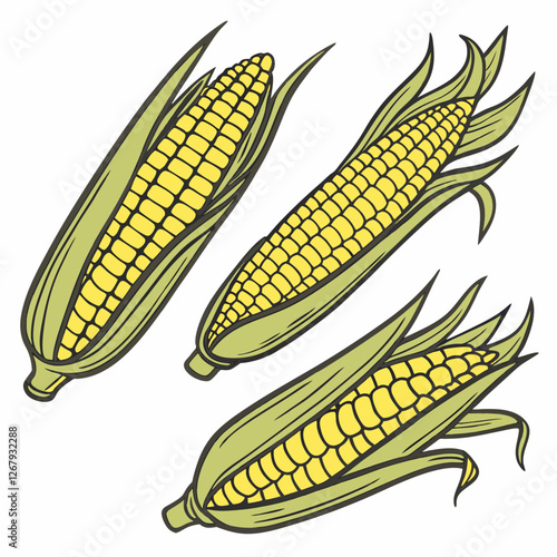 Fresh Golden Corn Cobs with Green Husks Organic Farm Produce Vector Illustration