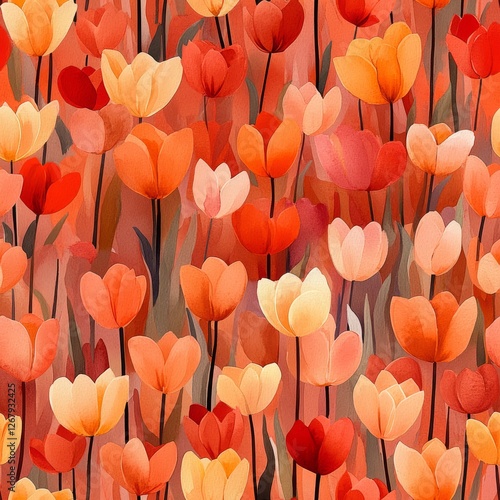Seamless Pattern - Vibrant field of orange and peach tulips.