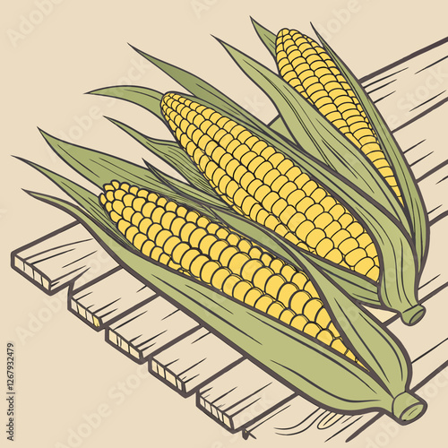 Fresh Golden Corn Cobs with Green Husks Organic Farm Produce Vector Illustration