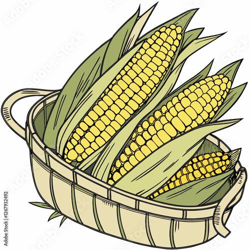 Fresh Golden Corn Cobs with Green Husks Organic Farm Produce Vector Illustration