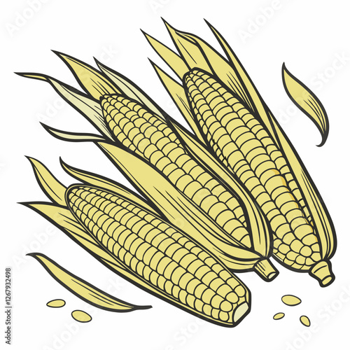 Fresh Golden Corn Cobs with Green Husks Organic Farm Produce Vector Illustration