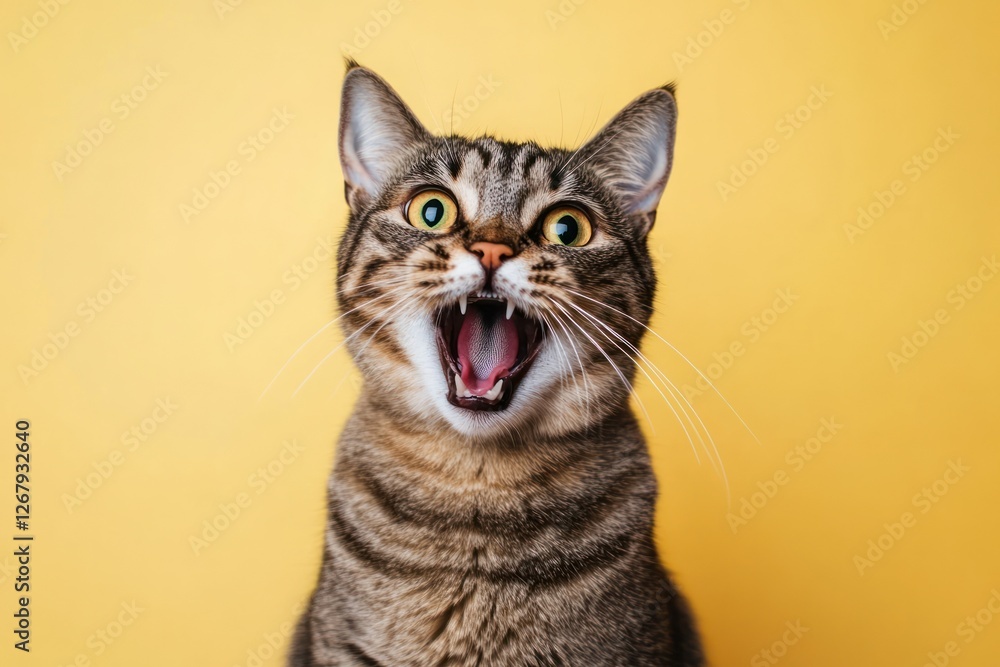 Playful Tabby Cat with Open Mouth Against Bright Yellow Background in Studio Setting Playful Tabby Cat with Open Mouth Against Bright Yellow Background in Studio Setting