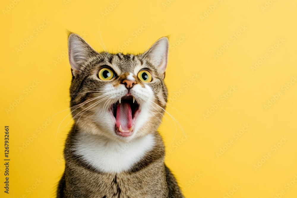Playful Cat with Open Mouth on Bright Yellow Background Displaying Surprise and Curiosity Playful Cat with Open Mouth on Bright Yellow Background Displaying Surprise and Curiosity