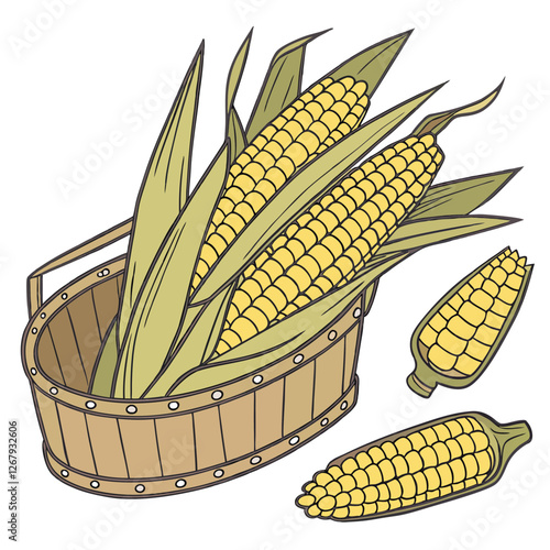 Fresh Golden Corn Cobs with Green Husks Organic Farm Produce Vector Illustration
