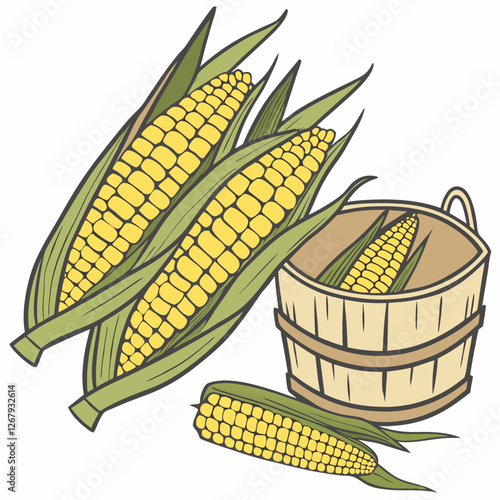 Fresh Golden Corn Cobs with Green Husks Organic Farm Produce Vector Illustration