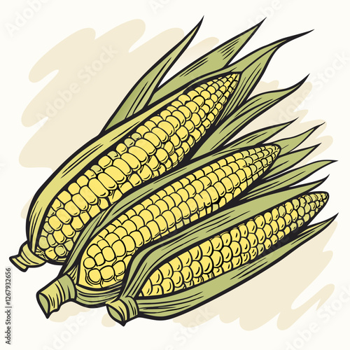 Fresh Golden Corn Cobs with Green Husks Organic Farm Produce Vector Illustration