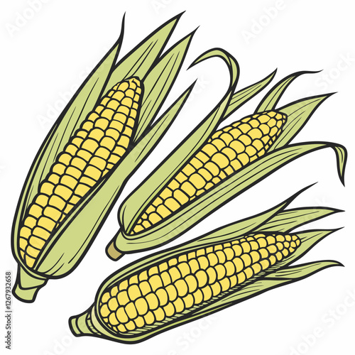 Fresh Golden Corn Cobs with Green Husks Organic Farm Produce Vector Illustration