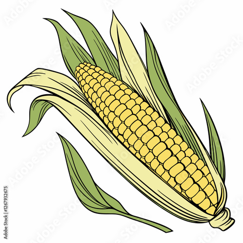 Fresh Golden Corn Cobs with Green Husks Organic Farm Produce Vector Illustration